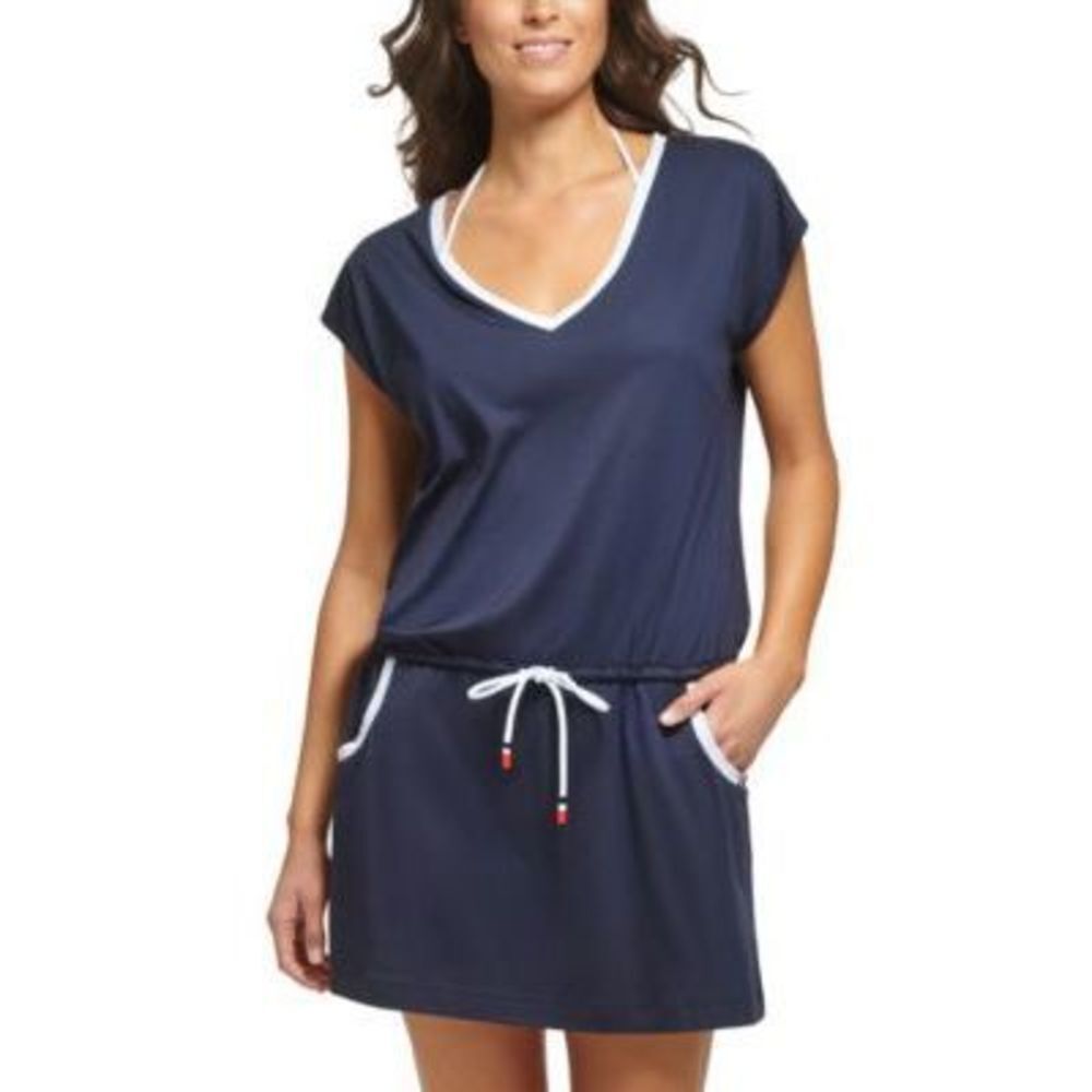 Tommy Hilfiger Women's Drawstring Dress Swim Blue Cover-Up Women's Swimsuit L/XL